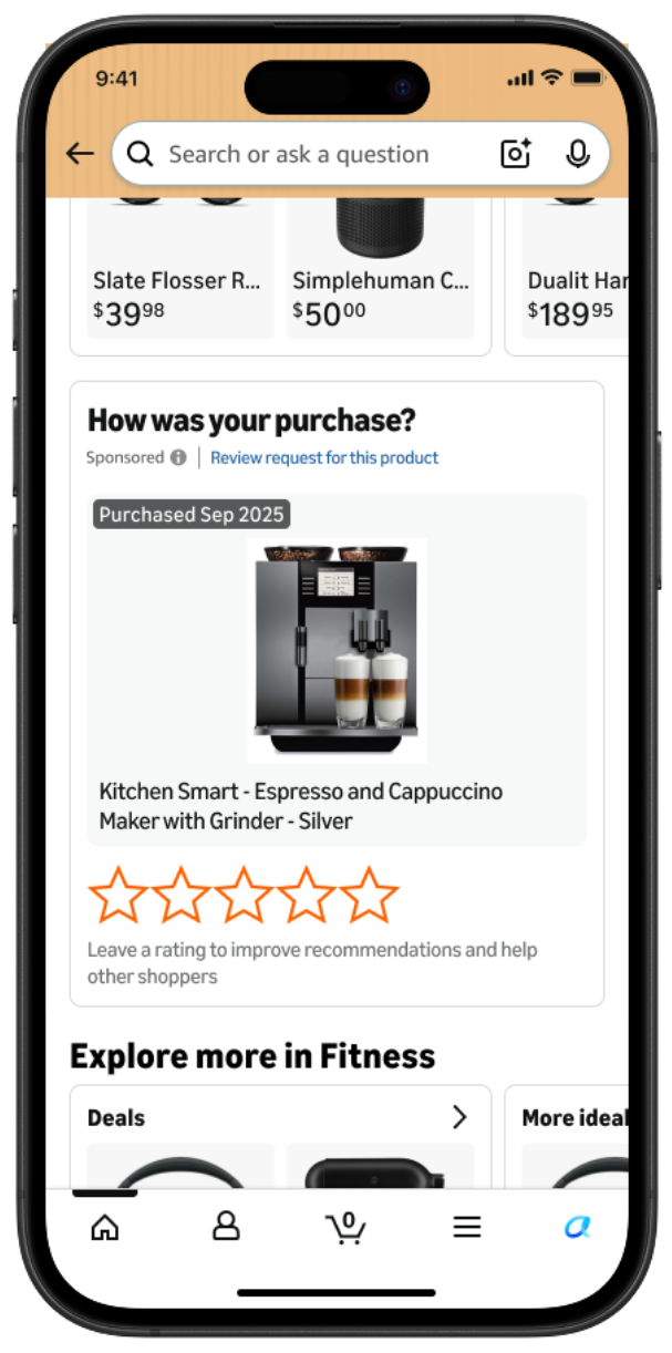 Review Requests広告の見本。How was your purchase?の見出しの下にSponsoredとReview request for this productの表示がある