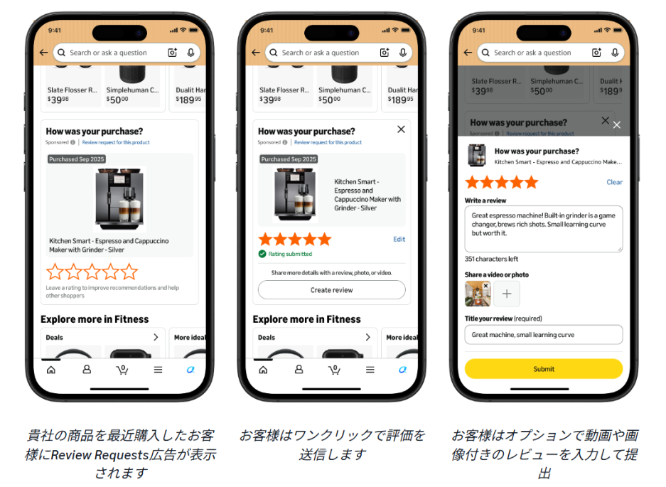 Review Requests広告の3ステップ。購入者に広告が表示され、ワンクリックで星評価を送り、任意で文章や写真つきのレビューを追加する